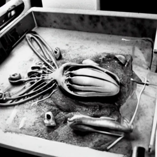 Image similar to photo of an alien autopsy, black and white, wide angle