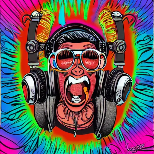 Prompt: artgerm, psychedelic laughing monkey, rocking out, headphones dj rave, digital artwork, r. crumb, svg vector