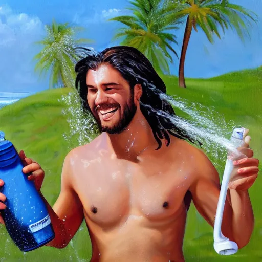 Prompt: a painting of a smiling shirtless man with long hair sitting in lawn chair, holding a water hose and spraying water on a woman at the beach high details