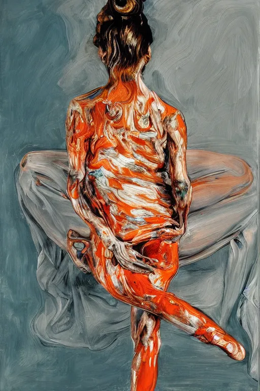 Image similar to high quality high detail painting of a ballerina in agony by lucian freud and jenny saville and francis bacon, hd, dark demonic dancer, turquoise and orange