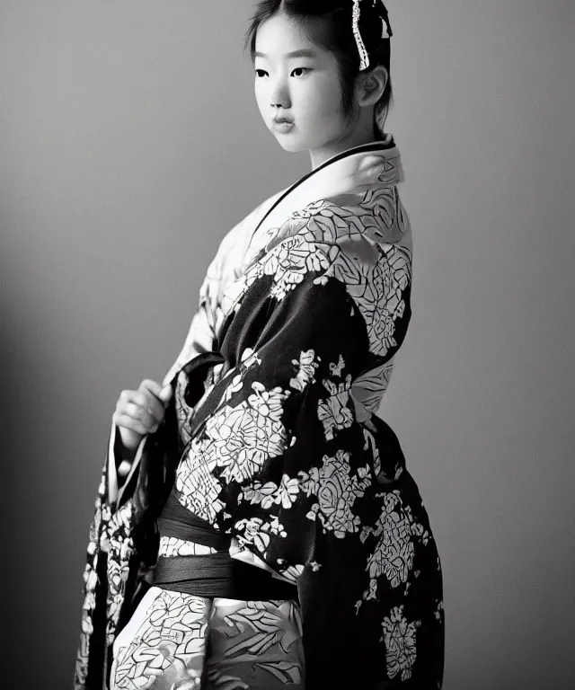 Prompt: a modern black and white film photograph shot on kodak 4 0 0 tx, portrait of one!! very beautiful and young japanese woman wearing a traditional kimono with a very ornate pattern of cranes, her hair is tied above her head, the scene is shot on a canon 8 5 mm f / 1. 4 in a studio setting with dramatic and cinematic lighting