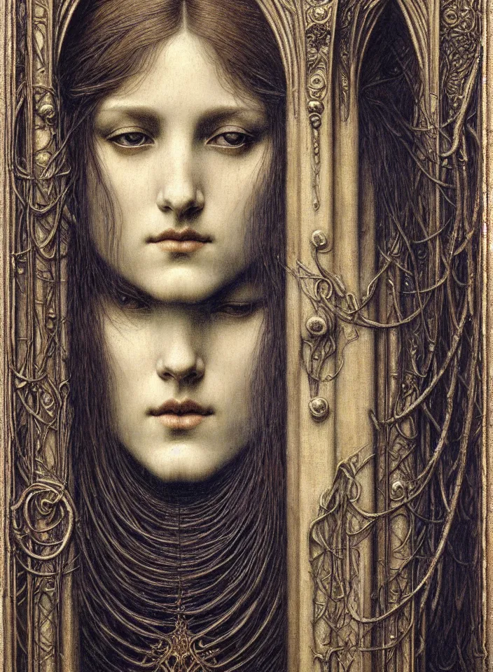 Image similar to detailed realistic beautiful young medieval queen face portrait by jean delville, gustave dore and marco mazzoni, art nouveau, symbolist, visionary, gothic, pre - raphaelite. horizontal symmetry