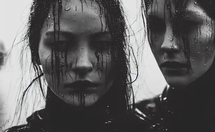 Prompt: cinestill 5 0 d candid photographic portrait by christopher nolan of two loving female androids wearing rugged black mesh techwear in treacherous waters, extreme closeup, modern cyberpunk moody sobbing cinematic, pouring rain menacing lights shadows, 8 k, hd, high resolution, 3 5 mm, f / 3 2, ultra realistic faces, ex machina