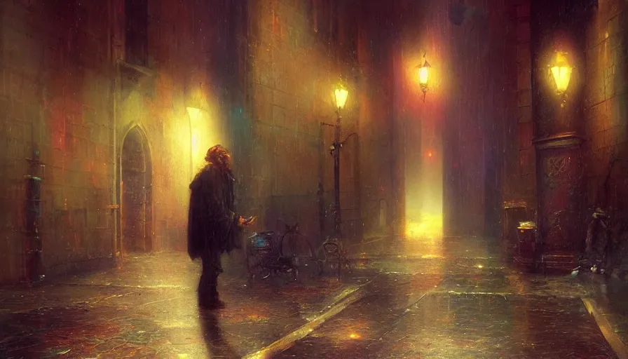 Image similar to Homeless man with divine glowing eyes begging for money in a raining dark city alley by Marc Simonetti and Delphin Enjolras