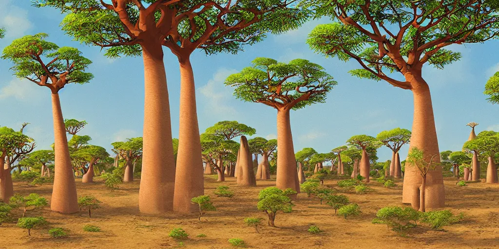 Prompt: a Malagasy landscape with baobab trees in the early morning, digital painting, highly detailed