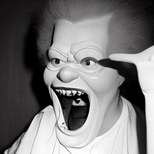 Image similar to creppy 2 0 0 3 photo of ronald mcdonald screaming in a dark room