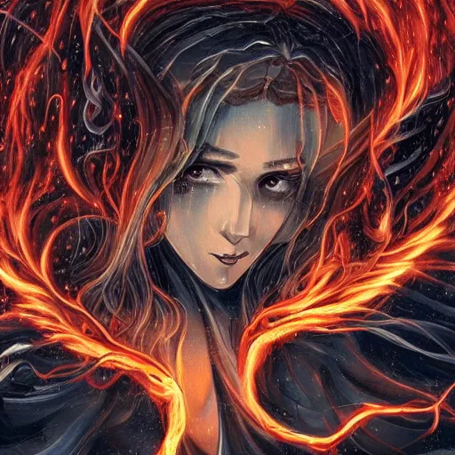 Prompt: by Powers of Darkness and temptation produced no immediate supernatural woman of the flames, an abyssal chain into the hearts, illustration, trending on artstation,