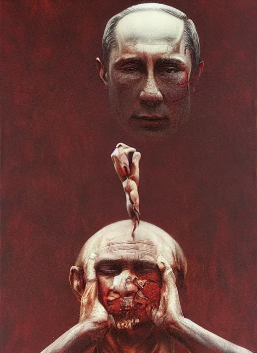 Image similar to Painting in a style of Beksinski featuring Vladimir Putin. Suffering and pain