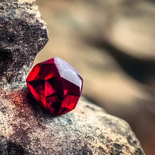 Prompt: a deep red crystal on a rock