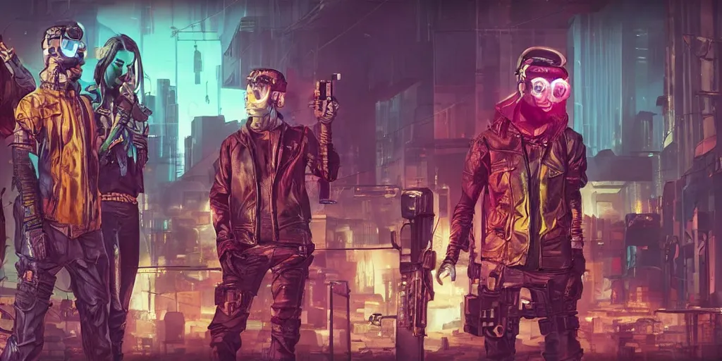 Prompt: cyberpunk cat gang posing, fallout 5, studio lighting, deep colors, apocalyptic setting, sneak peek into the future