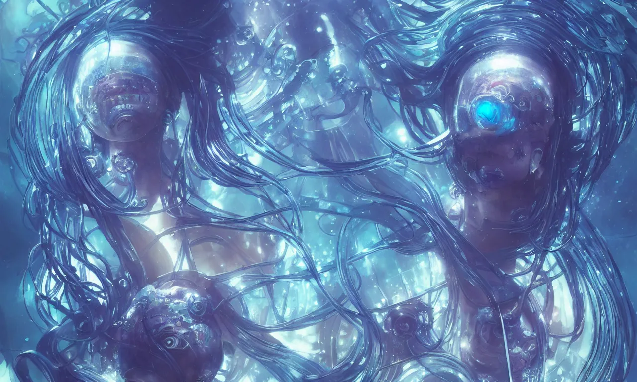 Image similar to cyberpunk jellyfish, blue tones, underwater, 8 mm, highly detailed, digital painting, artstation, concept art, smooth, sharp focus, illustration, art by artgerm and greg rutkowski and alphonse mucha