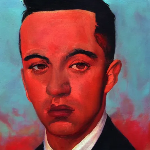 Prompt: a man with short black hair and shaved sides looks over his shoulder into the camera, oil painting, red background, album cover