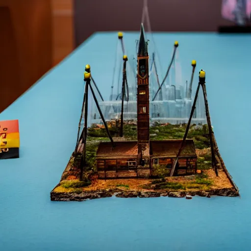 Prompt: a large scale minicity diorama on a table, 3 5 mm, shallow depth of field, diorama, 4 k