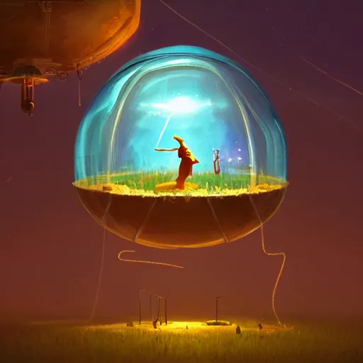 Prompt: a young and powerful goddess trapped in a dome, bubble, prisoner, panicking, lightning, energy bursts, highly detailed, digital painting, artstation, concept art, sharp focus, cinematic lighting, illustration, painted by Simon Stalenhag, cgsociety