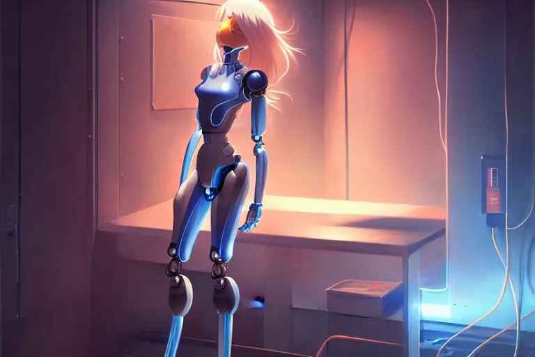 Image similar to datacenter room connects cables young robot server android baroque oil painting finely detailed perfect face flowing long fiberoptics blonde hair robot eyes blue. anime shinkai takeuchi key visual of character concept art metal female robot body suit pixiv fanbox, painted by greg rutkowski