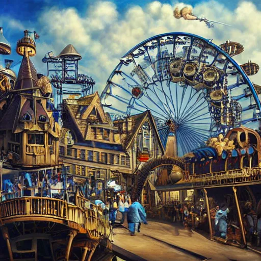 Image similar to a hyperrealistic painting of a steampunk amusement park, rollercoaster, towering ferris wheel, blue skies, fluffy clouds, by john kenn mortensen, highly detailed,