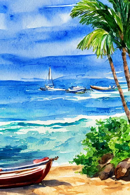 Image similar to watercolor painting of realistic hawaii coast, summer period with boats, watercolor, tonal colors, natural lighting, blue.