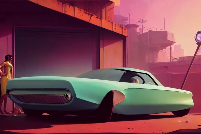 Prompt: a cinematic matte painting of a sleek 1 9 6 0 s vaporwave retro - futurism sci - fi car in a cluttered garage in mumbai. by eric lafforgue, glennray tutor and edward hopper, greg rutkowski. trending on artstation.