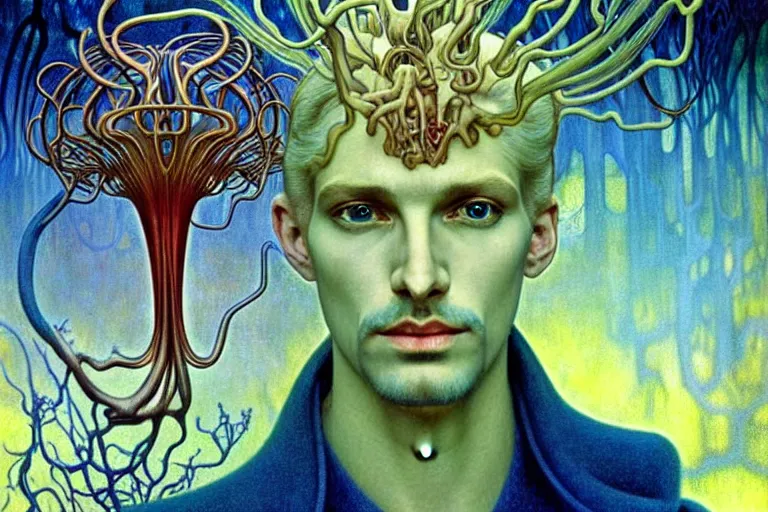 Image similar to realistic detailed portrait painting of a beautiful ghost man with blond hair with an alien, futuristic sci-fi forest on background by Jean Delville, Amano, Yves Tanguy, Alphonse Mucha, Ernst Haeckel, Edward Robert Hughes, Roger Dean, rich moody colours, blue eyes