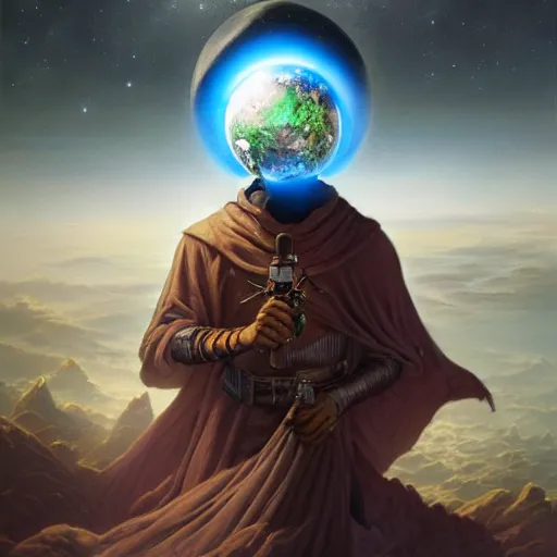 Image similar to masked nomad male wearing a cloak on an alien world and holding a holographic planet projection in his hand, detailed, sci - fi, digital painting, artstation, sharp focus, illustration, ominous, artgerm, tomasz alen kopera, peter mohrbacher, donato giancola, joseph christian leyendecker, wlop, frank frazetta