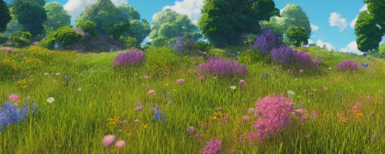 Image similar to a beautiful meadow landscape with large detailed bees flying, flowers, happy trees, photorealistic, octane render, rtx, hdr, unreal engine, digital art widescreen 8 k in the style of studio ghibli and bob ross