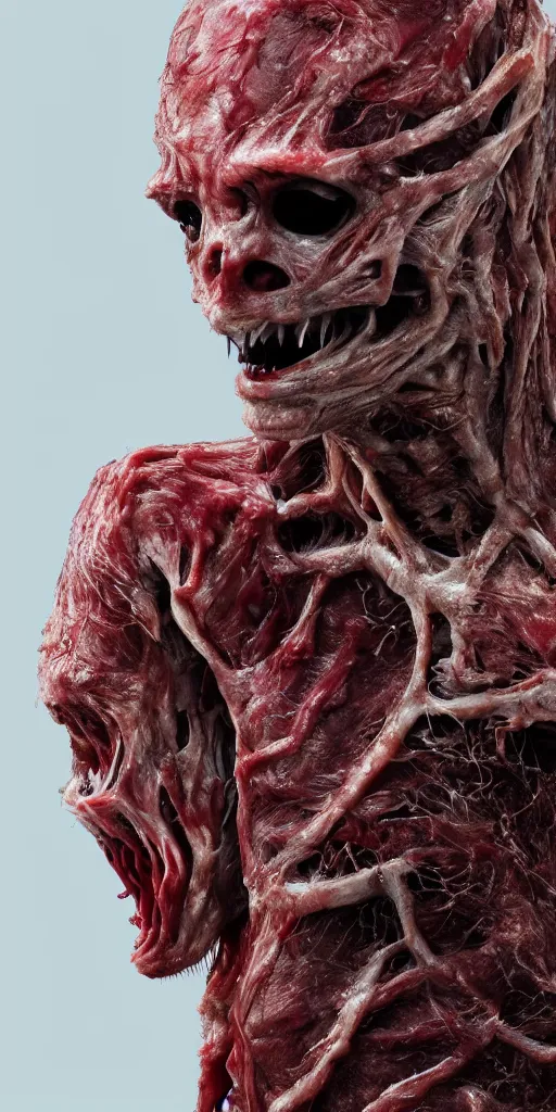 Image similar to photorealistic ultra detailed humanoid creature made of decomposed bloody flesh flesh, the woods, night, extremly detailed, 8 k, realistic, sharp focus, cosmic horror creature, cosmic horror, from the movie the thing, mysterious creature, bloody eyes