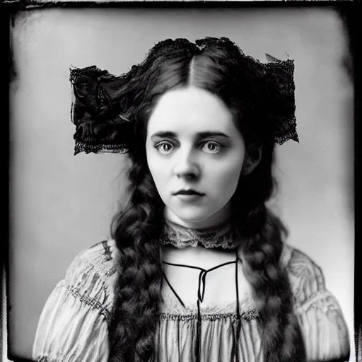 Image similar to 35mm head and shoulders portrait of an expressive Victorian gothic girl doing ASMR with various hand movements, Graflex photograph by Mark Ryden