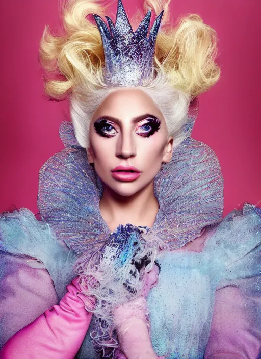 Image similar to lady gaga photohoot artpop disney princess, vogue magazine, fairytale, Highly realistic. High resolution. Highly detailed. Dramatic. 8k.4k.