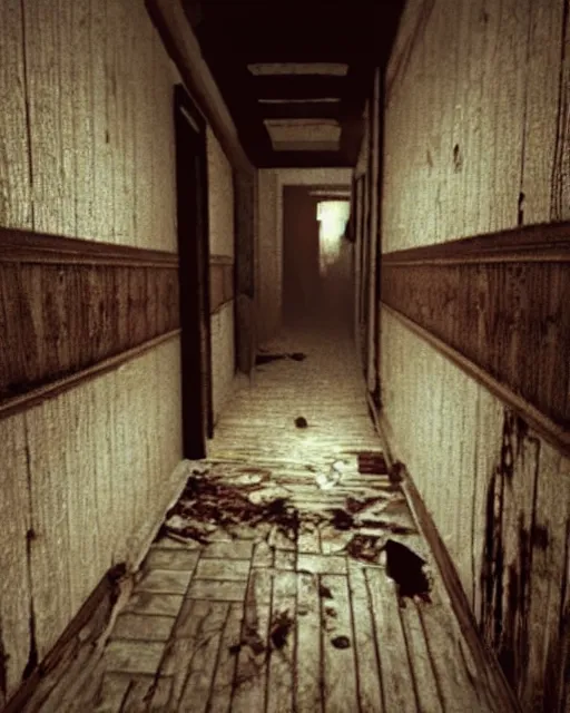 Image similar to Kirby in Resident Evil 7, American gothic interior, wooden floor, atmospheric, nighttime scene, photorealistic narrow hallway with broken windows, horror