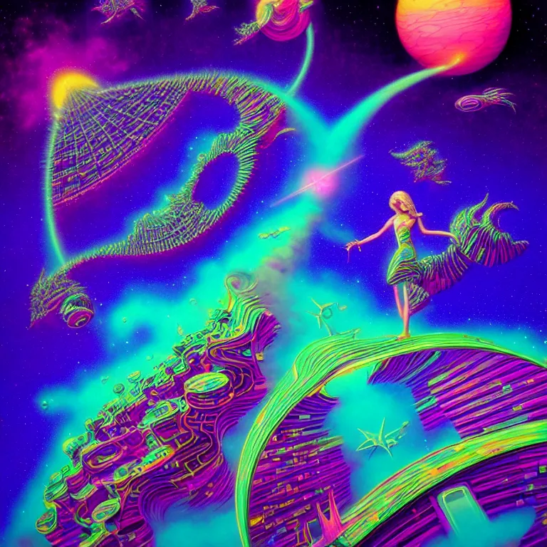 Prompt: cosmic girl and fish float over infinite crystal city, ( ( ( synthwave ) ) ), ( ( fractal waves ) ), bright neon colors, highly detailed, cinematic, tim white, roger dean, michael whelan, caza, bob eggleton, philippe druillet, vladimir kush, kubrick, alfred kelsner, isono, kimura, vallejo