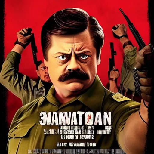 Image similar to Movie poster, Ron Swanson as Rambo, wearing red sweatband, high quality art