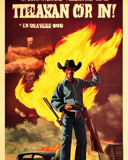 Prompt: a pulp style movie poster, illustration of a texan cowboy on fire, movie premiere poster, portrait, close up, dramatic, 1 9 6 0 s, highly detailed, brandishing a gun, 4 k detail