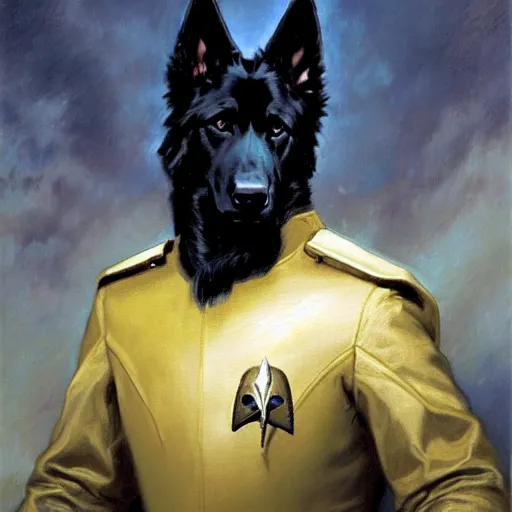 Prompt: a portrait of a man depicted as a black german shepherd dogman canine, star trek the next generation. highly detailed painting by gaston bussiere, craig mullins, j. c. leyendecker, furry