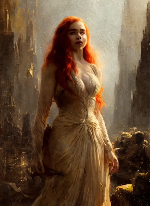 Image similar to mischievous redhead emilia clarke, staring happy and seductivelly, fully clothed, detailed, by gaston bussiere, bayard wu, greg rutkowski, giger, maxim verehin, greg rutkowski, masterpiece, sharp focus, cinematic lightning