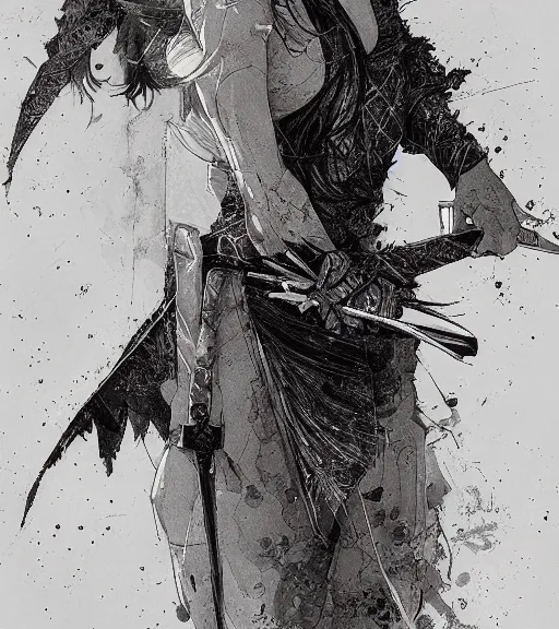 Image similar to full body portrait of anime yandere holding a knife, pen and ink, intricate line drawings, by craig mullins, ruan jia, kentaro miura, greg rutkowski, loundraw