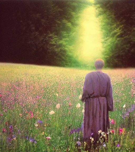 Image similar to mystical death god standing in tall meadow of flowers, distant, film photo, grainy, high detail, high resolution