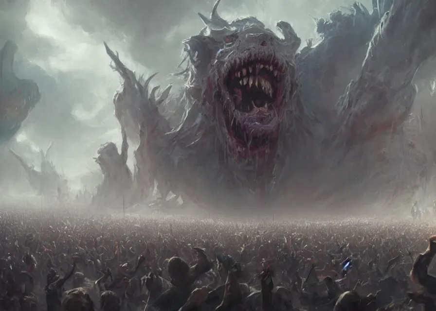 Image similar to large abstract painting of giant Joe Biden cosmic horror grinning at giant immense crowd of person army, trending on ArtStation, masterpiece, by Greg Rutkowski, by Ross Tran, by Fenghua Zhong, octane, lightbeam eyes, soft render, clear facial features, oil on canvas,, moody lighting, cinematic, professional environment concept art