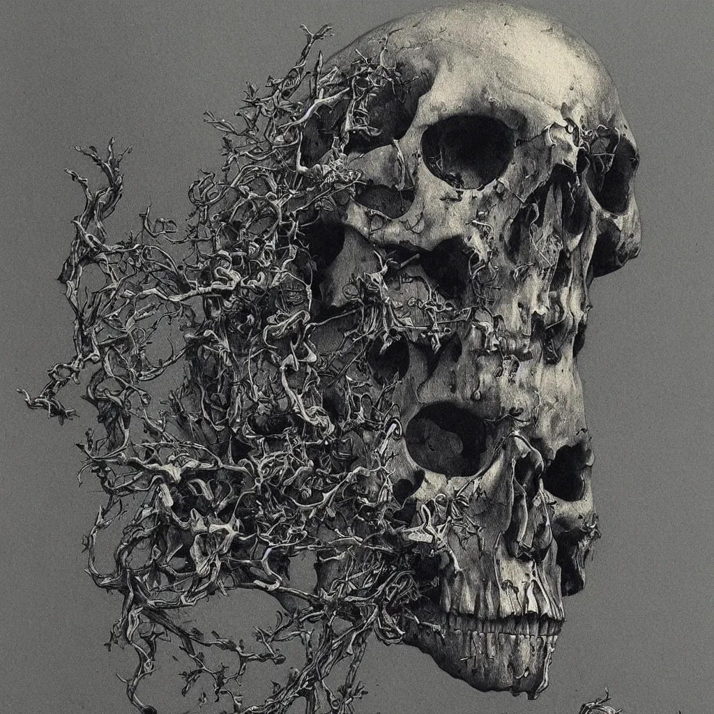 Prompt: a highly detailed skull done in the style of zdislaw beksinski