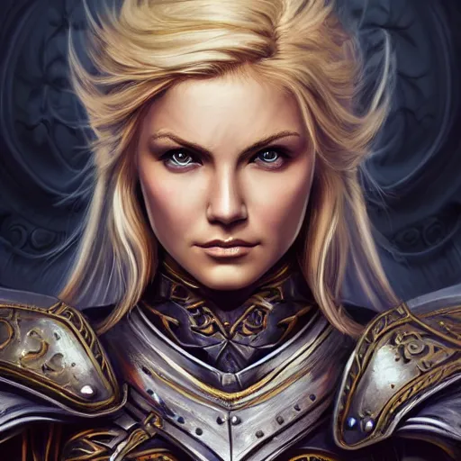 Prompt: head-on centered symmetrical painted portrait, Elisha Cuthbert as a paladin, blonde hair, dark iron armour, dramatic lighting, intricate, fantasy, intricate, elegant, highly detailed, digital painting, smooth, sharp focus, illustration, dramatic lighting, artstation, in the style of Artgerm and Anna Podedworna