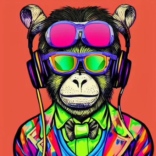 Prompt: colorful cute monkey with sunglasses and headphones, intricate ink drawing, highly detailed in the style of dan mumford