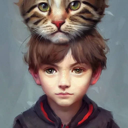 Prompt: head and shoulders masterpiece portrait of a boy looking at the camera, wearing, holding a tabby cat, surreal background, digital art by Krenz Cushart, trending on artstation, cgsociety,