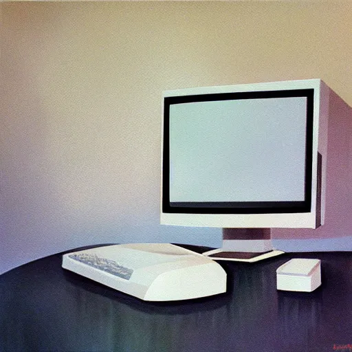 Image similar to a realistic a glowing white retro computer in a white room, high art, oil painting, hd, photo