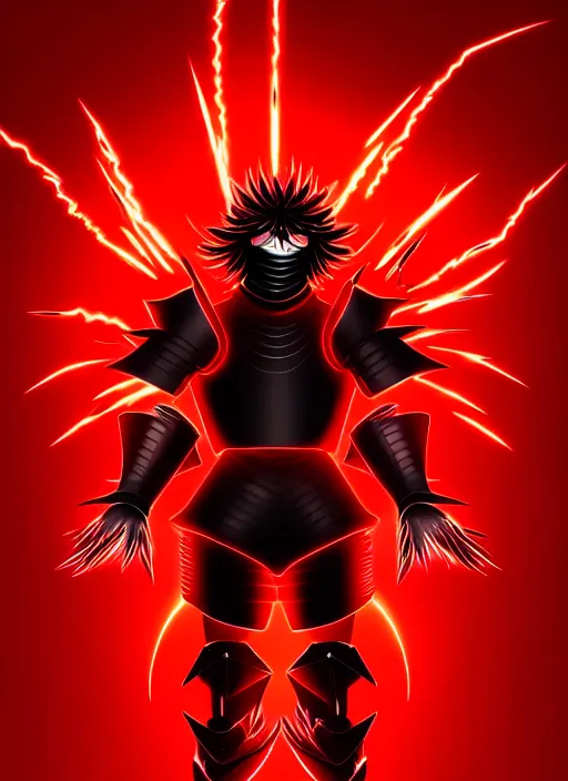 Image similar to a striking cinematic full body manga portrait of a long black haired masked male teenager wearing imposing red jagged spiked plate armour and glowing with raging powerful red energy by hirohiko araki and beeple, fine details, digital art, character concept art, volumetric lighting, cinematic light, photorealistic