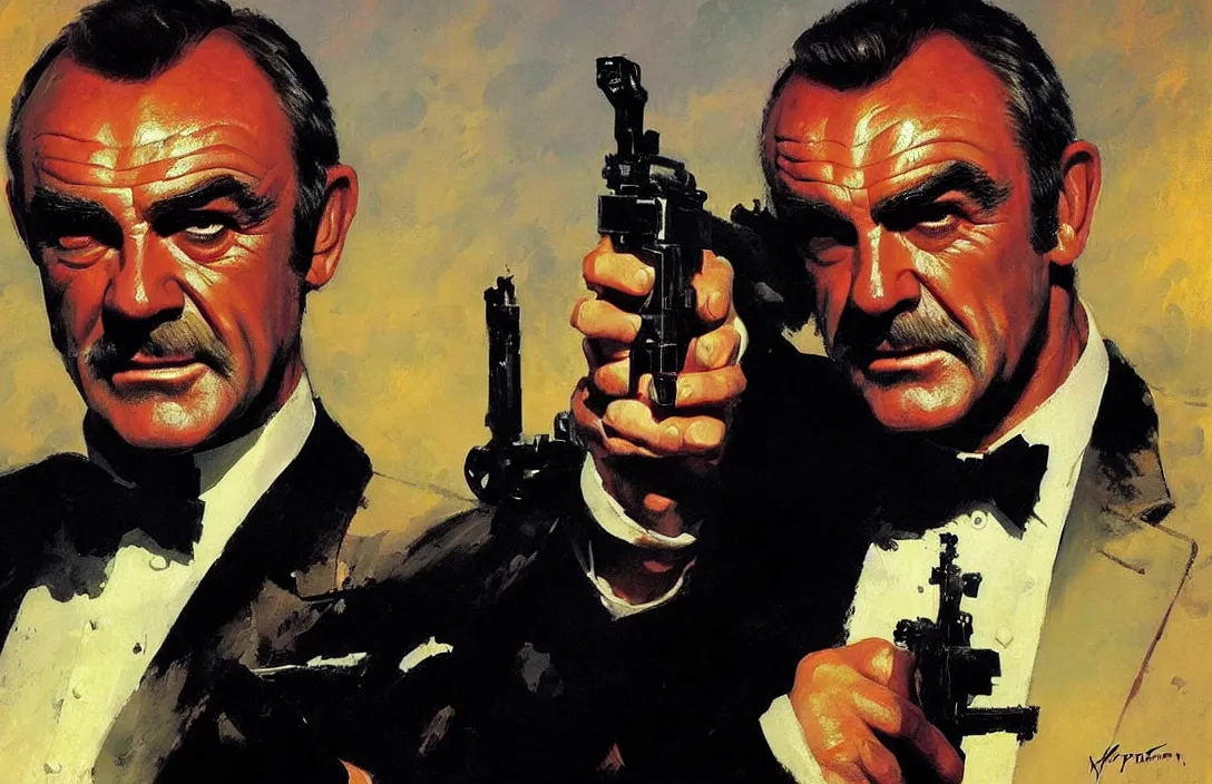 Prompt: portrait of sean connery as james bond!!!!!!!!!!!!!!!!!!!!!!!!!!!, detailed face, detailed painting, epic lighting, by ilya repin, phil hale and kent williams