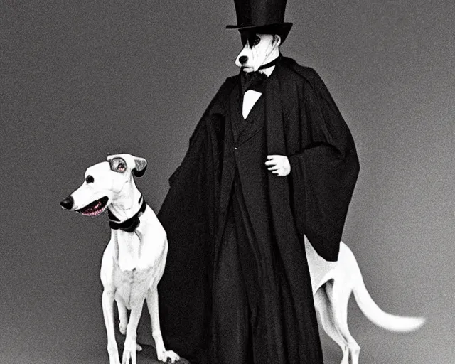 Image similar to greyhound wearing a black cloak and a top hat under a spotlight, magician dog