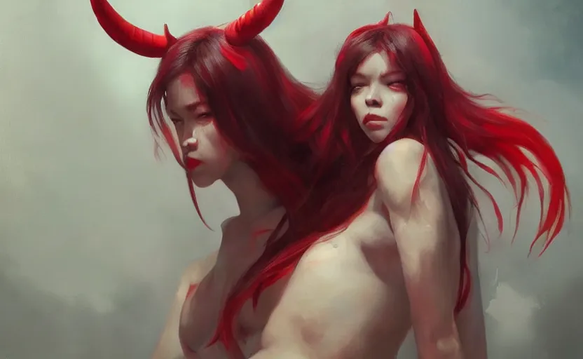 Image similar to a painting of aki trending on artstation in the style of greg rutkowski, beautiful, sensual, natural skin, red horns on head, long black hair