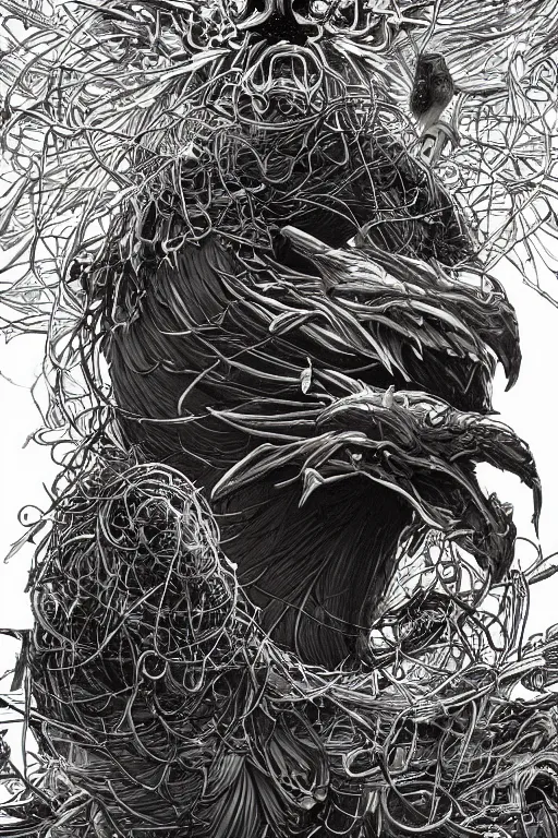 Image similar to black crows, nest on human head, open mouth, cruelty, pain, light effect, hyper detailed, intricate, elegant, highly detailed, digital painting, artstation, concept art, matte, sharp focus, illustration, by dan mumford, yusuke murata, makoto shinkai, ross tran