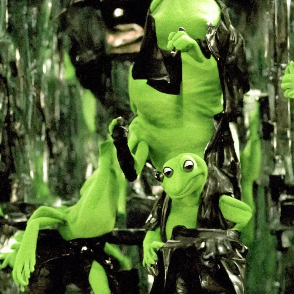 Image similar to kermit the frog as neo in the matrix ( 1 9 9 9 )