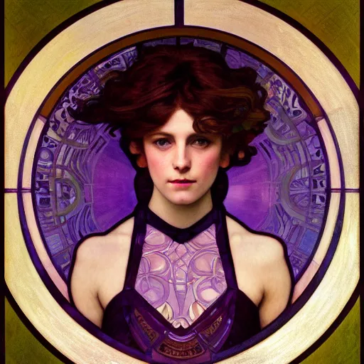 Image similar to purple, character portrait of purple energy, by waterhouse, by mucha, lean face, symmetrical face, face symmetry, cinematic lighting, beautiful, elegant, oil painting, cinematic, portrait, raphaelite, trending on artstation, intricate background