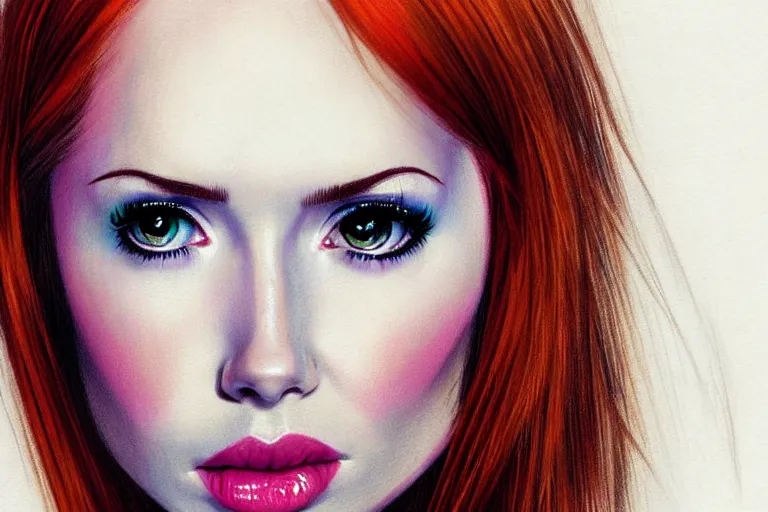 Image similar to sultry look in her eyes Karen Gillan close-up portrait looking straight on, complex artistic color pencil sketch illustration, full detail, gentle shadowing, fully immersive reflections and particle effects, chromatic aberration.